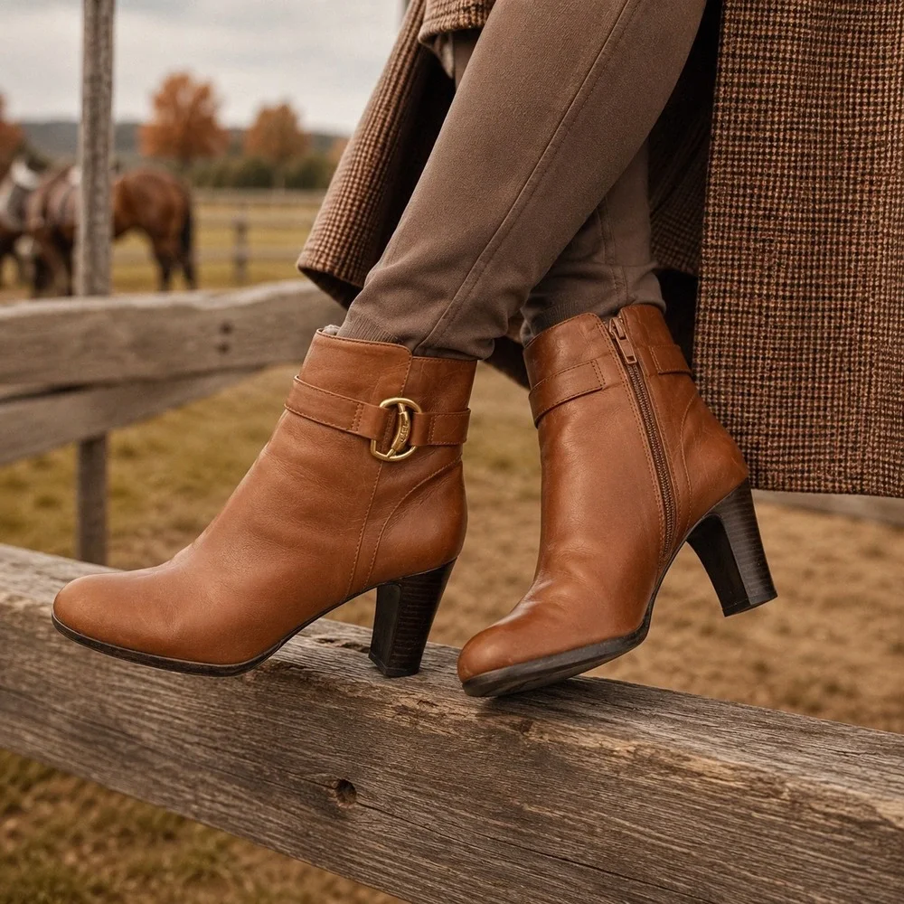 Lauren Ralph Lauren Tan Leather Ankle Boots Womens Size 9 Stirrup Buckle Heel - Picture 1 of 15